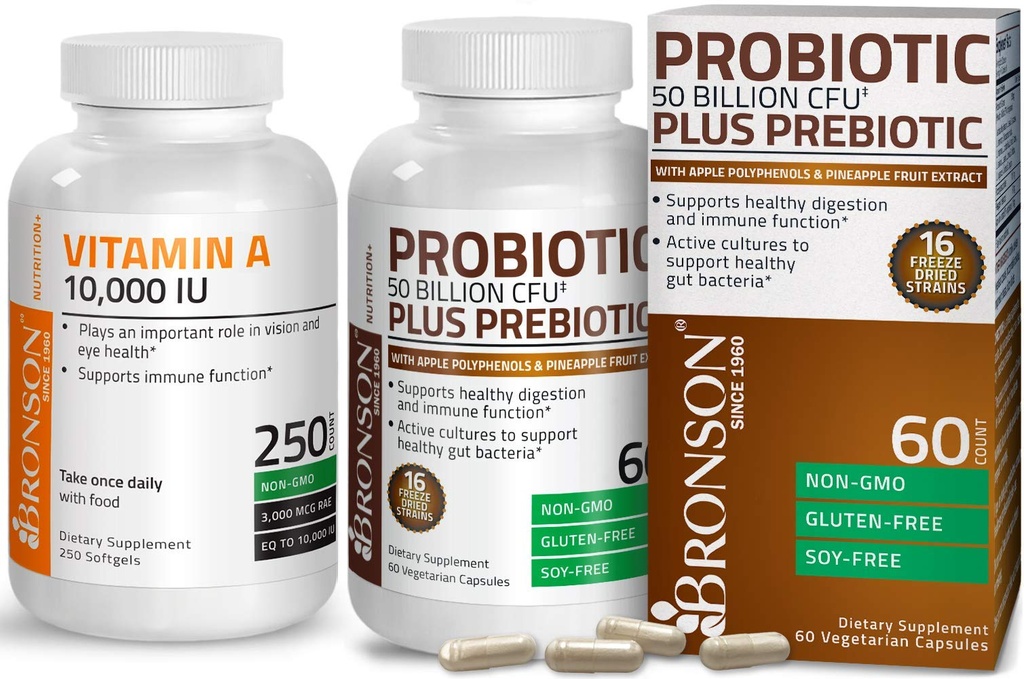 Bronson Probiótico 50 bilhões de UFC + Prebiótico com Apple Polifenóis e Extrato de fruta de abacaxi + Vitamina A 10.000 UI Fórmula Premium Não-GMO