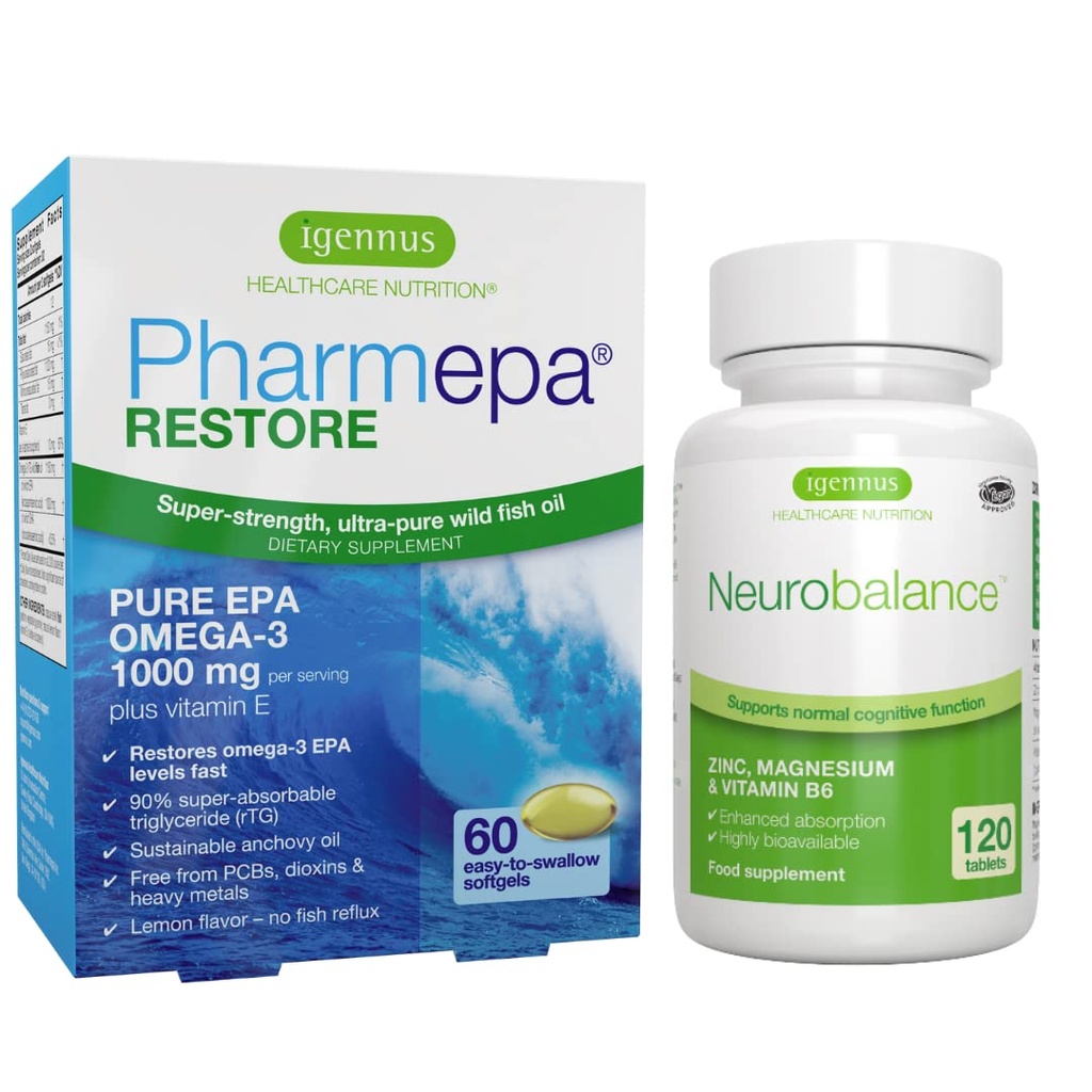Igennus Pharmepa Restaurar EPA + Neuroequilíbrio Zinco, Magnésio e Vitamina B6 Mood Health Bundle para Atenção e Foco