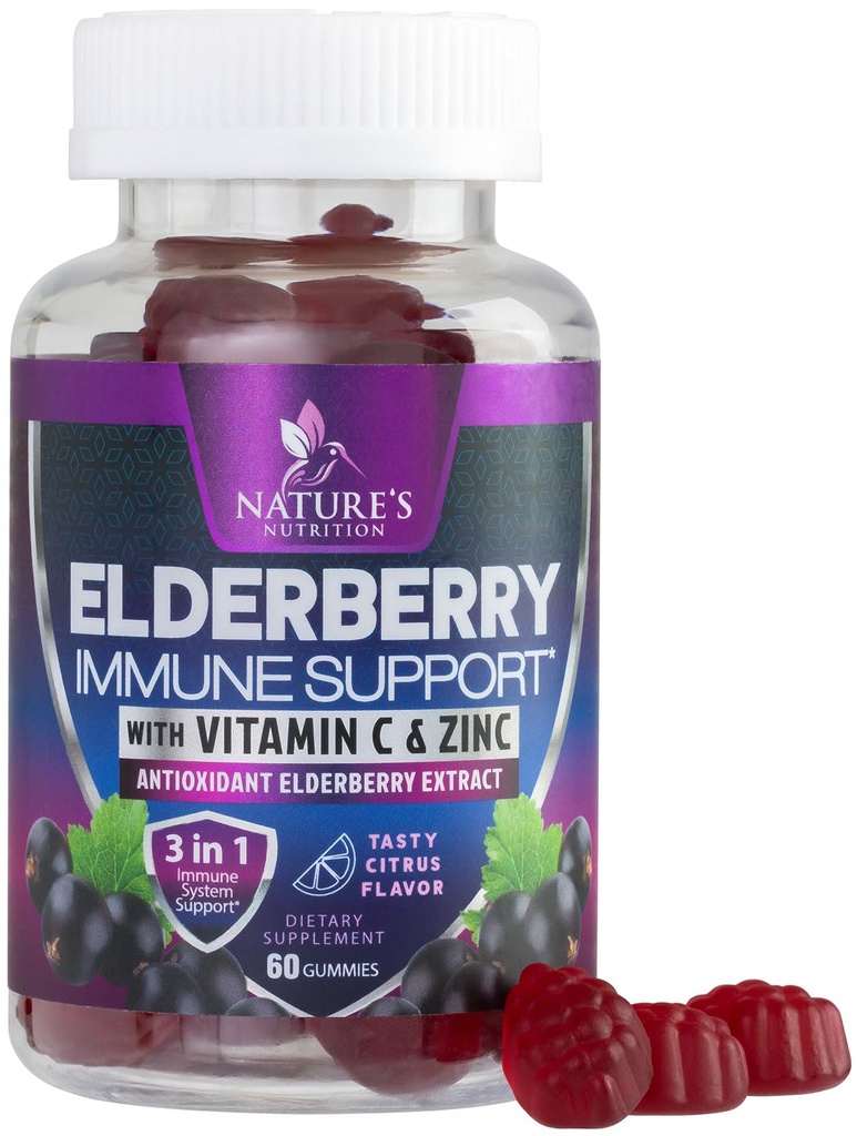Gomas de apoio imunológico - Sambucus Elderberry Gummy com extrato de Berry Elder, Zinco e vitamina C, Natural Vegan Imune Suplemento de apoio para adultos e crianças, Vitaminas Gummy Elderberry - 60 Gummies