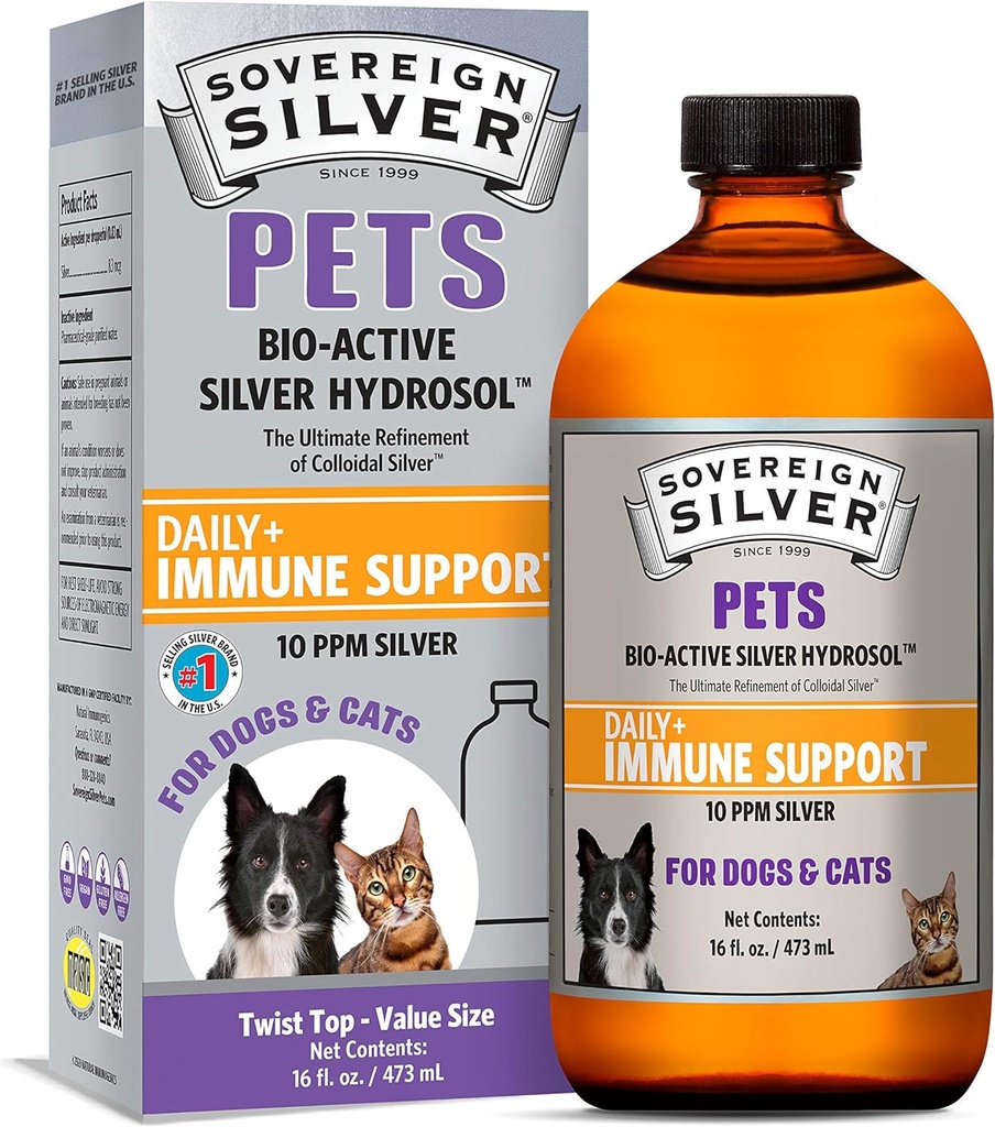 Soberania Silver Pets Imune Support - Coloidal Silver, Bio-Active Silver Hydrosol, para cães e gatos, 10 ppm, Liquid Twist Top, 16 Fl Oz, (473 ml)