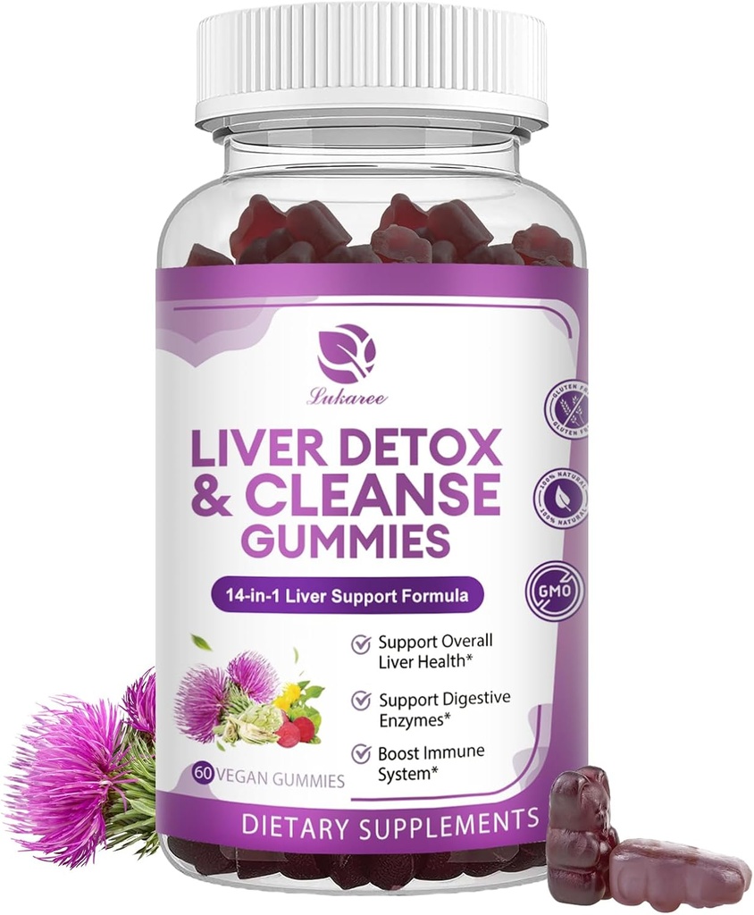 Fígado Cleanse Detox & Repair Gummies- Nova Fórmula Suplemento de apoio ao fígado com cardo de leite Silymarin,Dandelion, Extrato de alcachofra & Elderberry - Sem açúcar, Suplemento de saúde do fígado - 60 Vegan Gummie