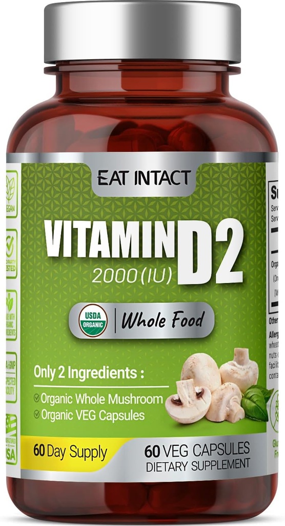 Vegan Whole Food Vitamina D, 2000 UI (50 mcg), D2, dois ingredientes (cogumelo inteiro orgânico e cápsula Vegan orgânico), Não-GMO, Terceiro partido testado, 60 fornecimento dia