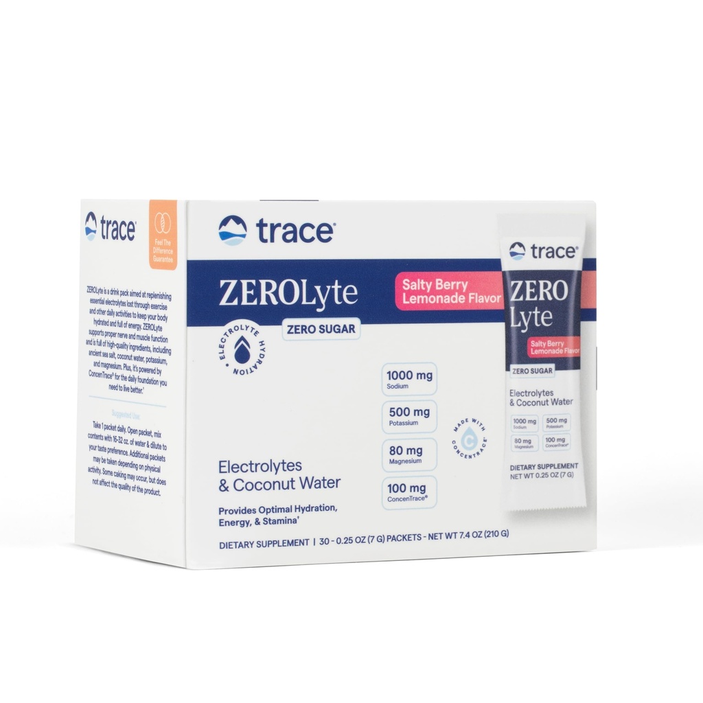 Trace Minerals ZeroLyte - Drink Mix Powder Suporta Hydration & Energy - Ajuda Nervo saudável e função muscular - Apoiar Coração & Digestion Health - Salty Berry Limonada, 30 pacotes (30 serviços)