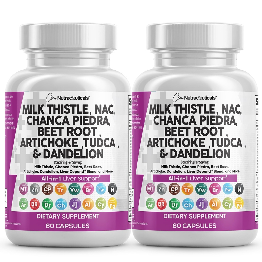 Nutracêuticos limpos Cardo de leite NAC Chanca Piedra Beterraba raiz alcachofra dentelion raiz - Fígado Cleanse Suplemento Plus TUDCA Choline & Ginger - 2Pack