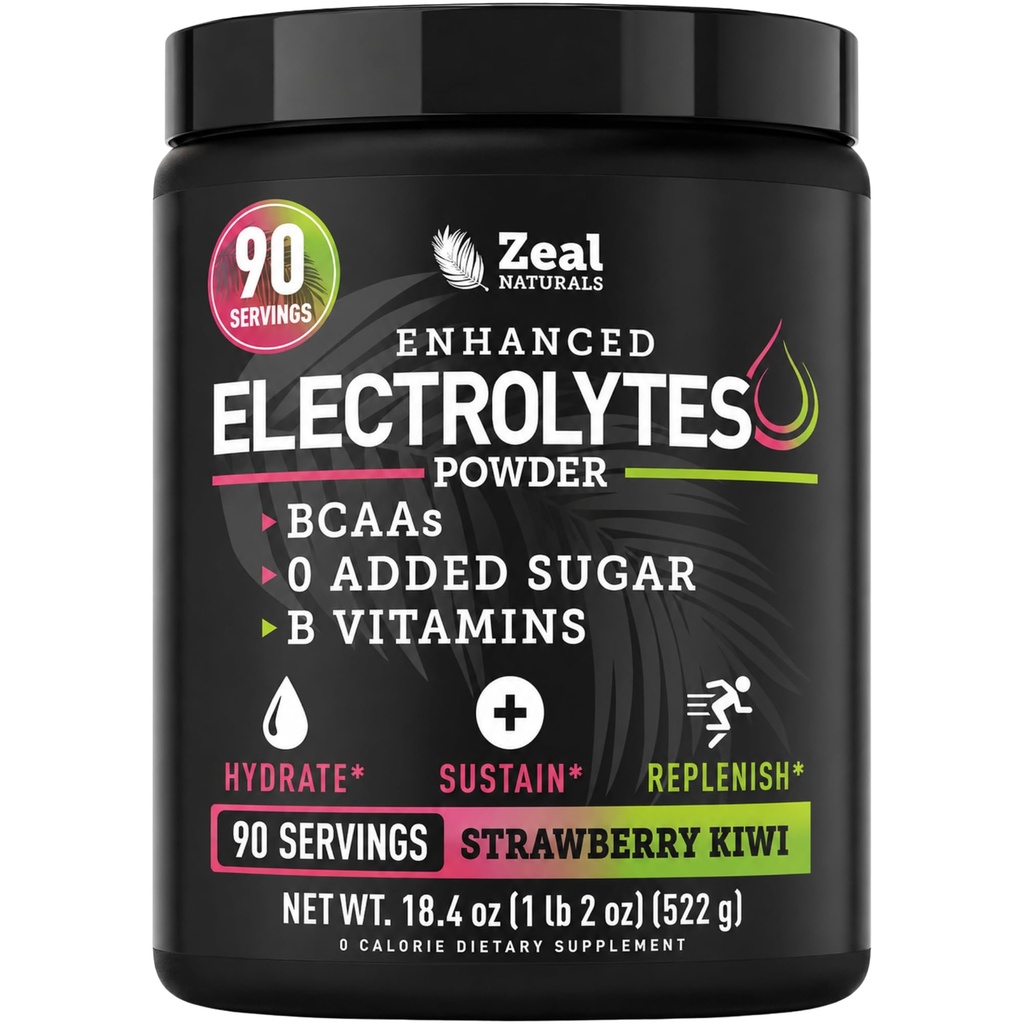 Zeal Naturals Electrolyte Powder Recovery Drink (90 Servings □ Morangueiro Kiwi) w 0 Açúcar +BCAAs +B-Vitaminas Eletrolyte Supplement w Potassium Zinc & Magnésio para Hidratação - Keto Electrolytes