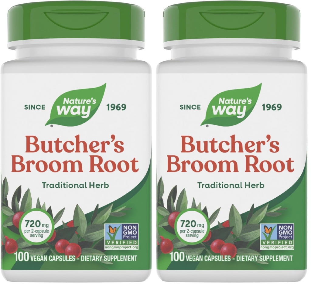 Raíz de Broom do Açougueiro do caminho da natureza, Suporte de Vinha da perna tradicional*, 100 Cápsulas Vegan (Pack de 2)