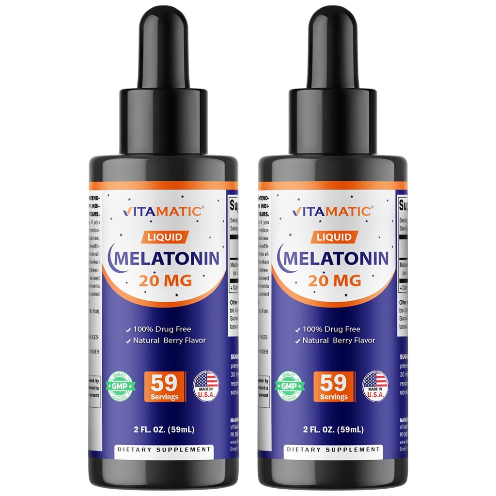 Vitamatic 2-Pack Melatonina 20mg Drops líquidos - 2 fl oz (59 ml) Cada - Natural sabor Berry - Não-GMO, Suplemento Vegetariano para Adultos