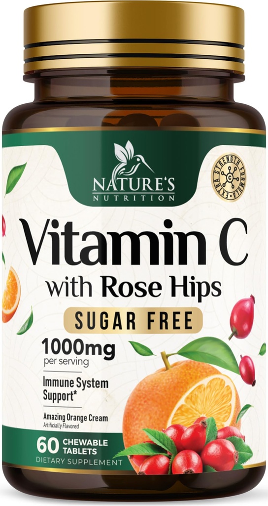 Vitamina C mastigável 1000mg - Antioxidantes de força extra para poderoso apoio imunológico w/Vitamina C & Rose HIPS - Potente suplementos dietéticos VIT C mastiga, Natural sabor laranja, Vegan, Não-GMO - 60 comprimidos