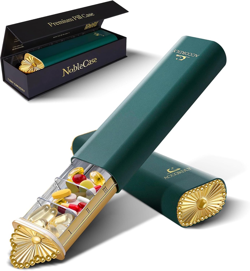 Organizador de pílulas Semanal Premium, caixa compacta de pílula de 7 dias para bolsa, caixa de pílulas de alumínio de ouro leve para vitaminas, medicina, suplementos, presente de bem-estar de luxo