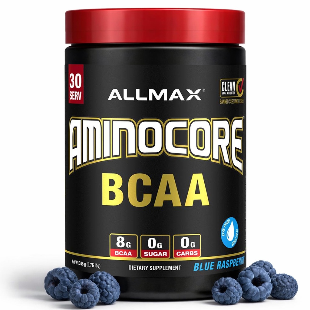 ALLMAX Nutrition AMINOCORE BCAA – 8G BCAAs – 100% puro ramo acorrentado Aminoácidos – Gluten Free - Framboesa Azul - 315 Gram