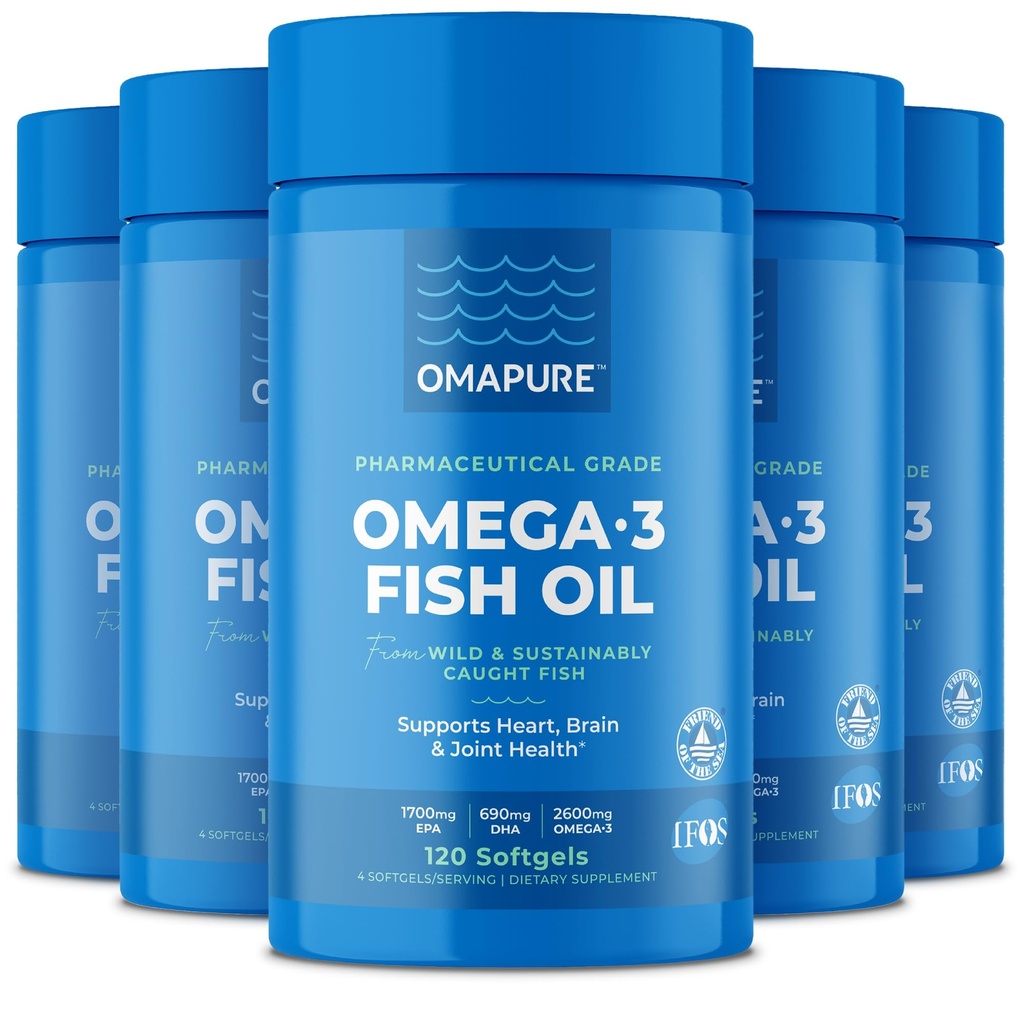 Suplementos de óleo de peixe com ácidos gordos Omega 3 (5 garrafa, 120 Softgels) - alta EPA, DHA, & IFOS Pills óleo de peixe apoiar coração e saúde conjunta - óleo de peixe arroto promove a função cerebral