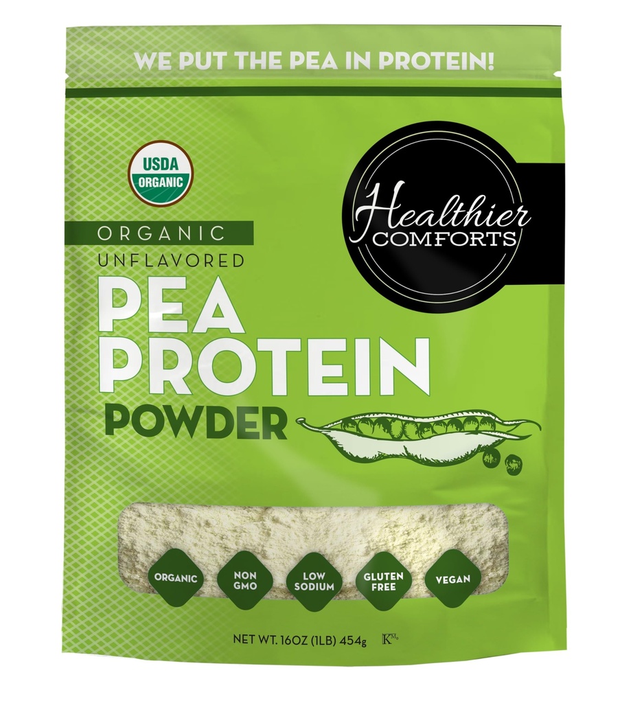 Comforts mais saudáveis Pó de proteína de ervilha sem sabor - Baixo sódio (1 lb.) EUA Crescido e Processado 100% de pó de proteína baseada em plantas Kosher, sem glúten, não-GMO, Keto Friendly (16 onças)