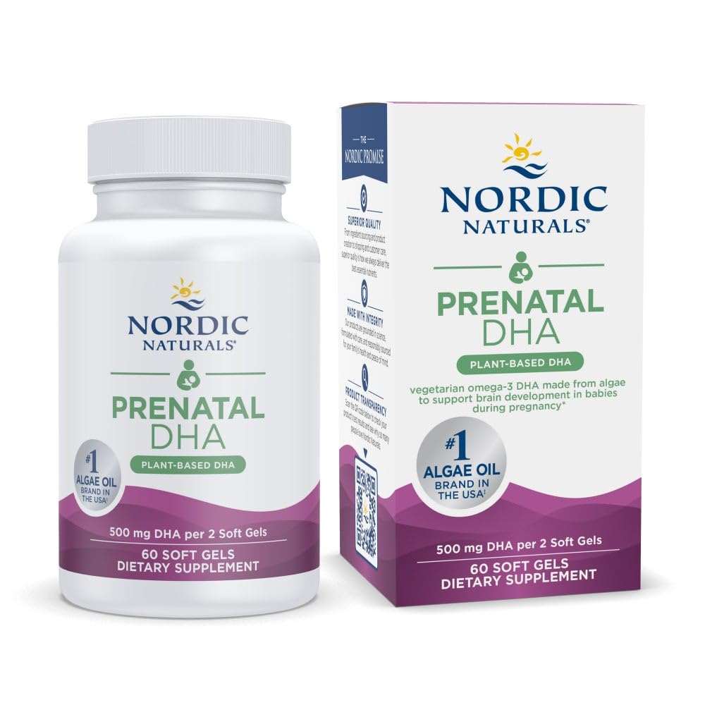 Naturals nórdicos Vegan Pré-natal DHA, Sem sabor - 60 Gels macios - 500 mg DHA baseado em plantas - apoia o desenvolvimento do cérebro em bebês e gravidez saudável - Não-GMO - 30 Servings