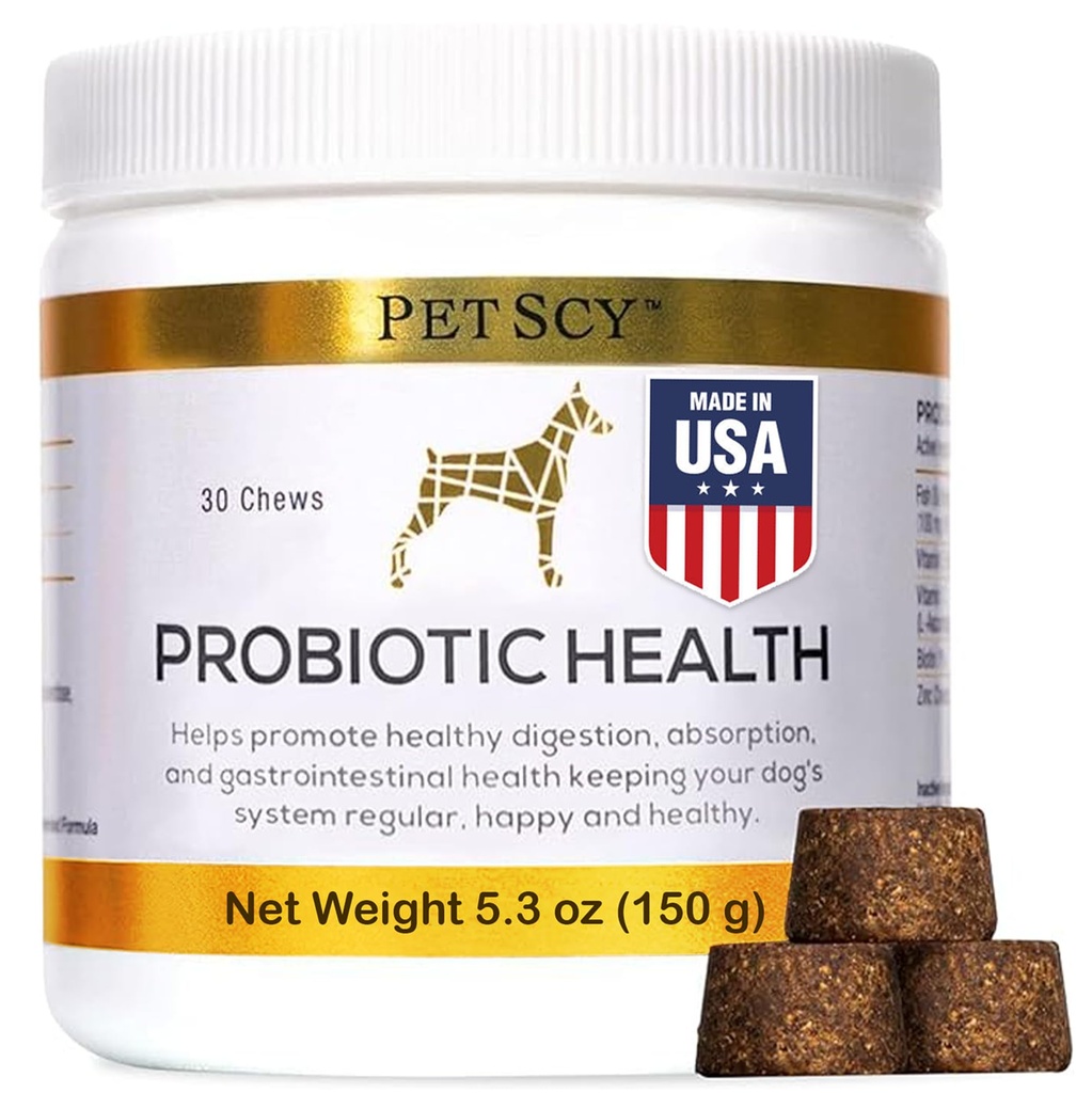 PetScy - Mastigas probióticas para cães, probióticos para cães de todas as idades, tamanhos e raças com fibra prebiótica e puro Omega-3 .