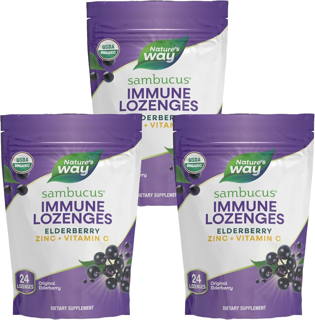Maneira da natureza Sambucus Imune Lozenges, Zinco + Vitamina C, Extrato de Elderberry Preto, USDA Certified Organic, Original Berry Flavored, 24 Lozenges (Packaging May Vary) - 3 Pack