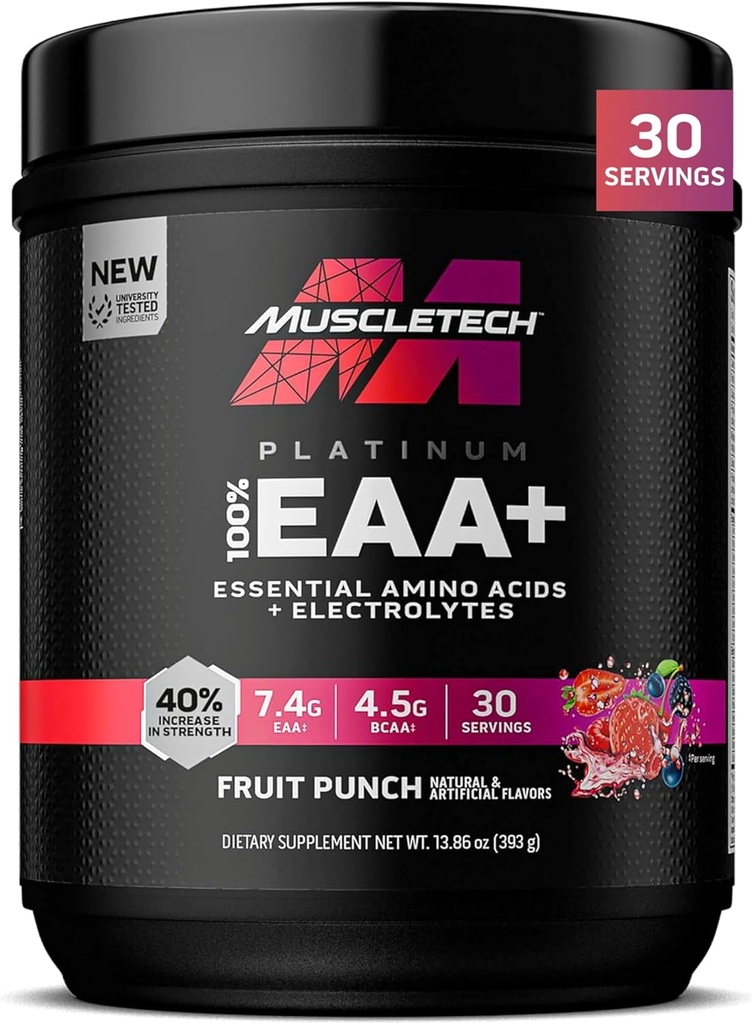 MuscleTech Platinum Essential Amino Acids Supplement with Electrolytes, Fruit Punch - Pré-workout Powder for Energy, Muscle Growth & Strength Builder - EAA Complex for Men & Women - 30 Servings