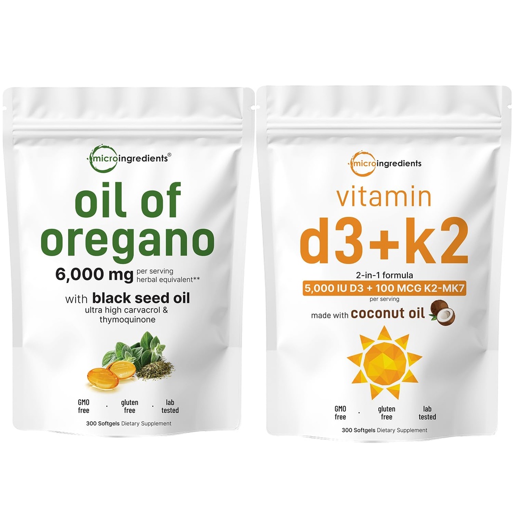 Micro Ingredientes Óleo de Orégano Softgels 6.000mg Por Serving & Vitamina D3 5000 UI Plus K2 (MK-7) 100 mcg, 300 Virgin Coconut Oil Softgels Pacote de pacote de 4X de força Carvacrol & Thymoquinon