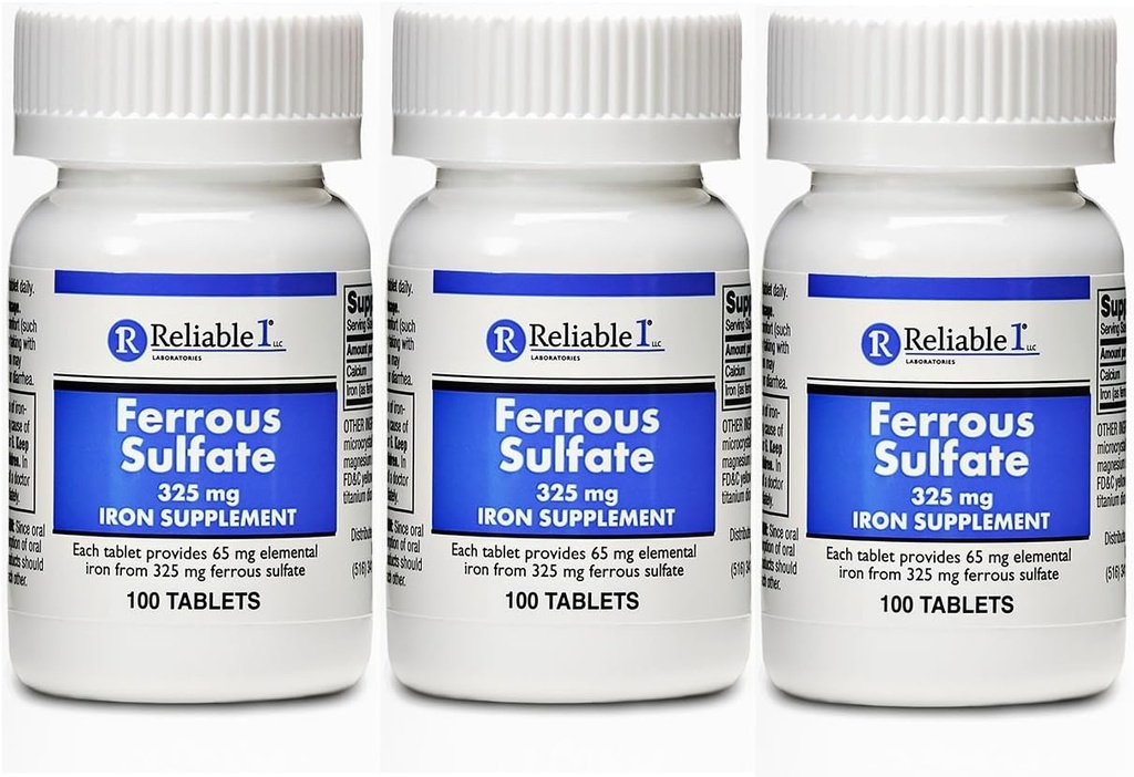 Ferrous Sulfate Iron 325 mg Genérico para Feosol 100 Comprimidos Embalagem de 3
