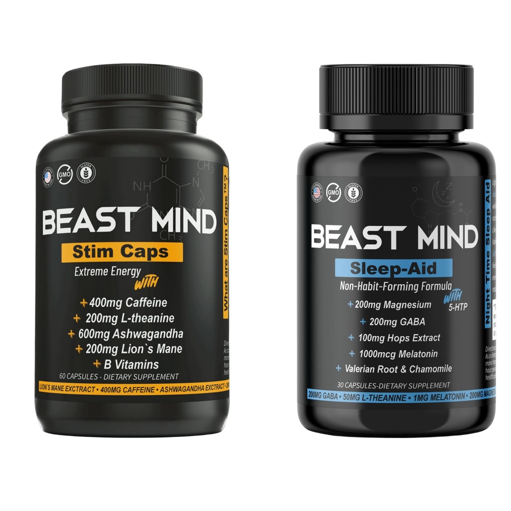 Energia do dia e noite com o pacote de ajuda para o sono 400mg Cafeína 600mg Ashwagandha 200mg Lions Mane aumento de energia & foco & humor Ajuda para o sono com GABA, Valerian Root, Camomila, Melatonina, Magnésio