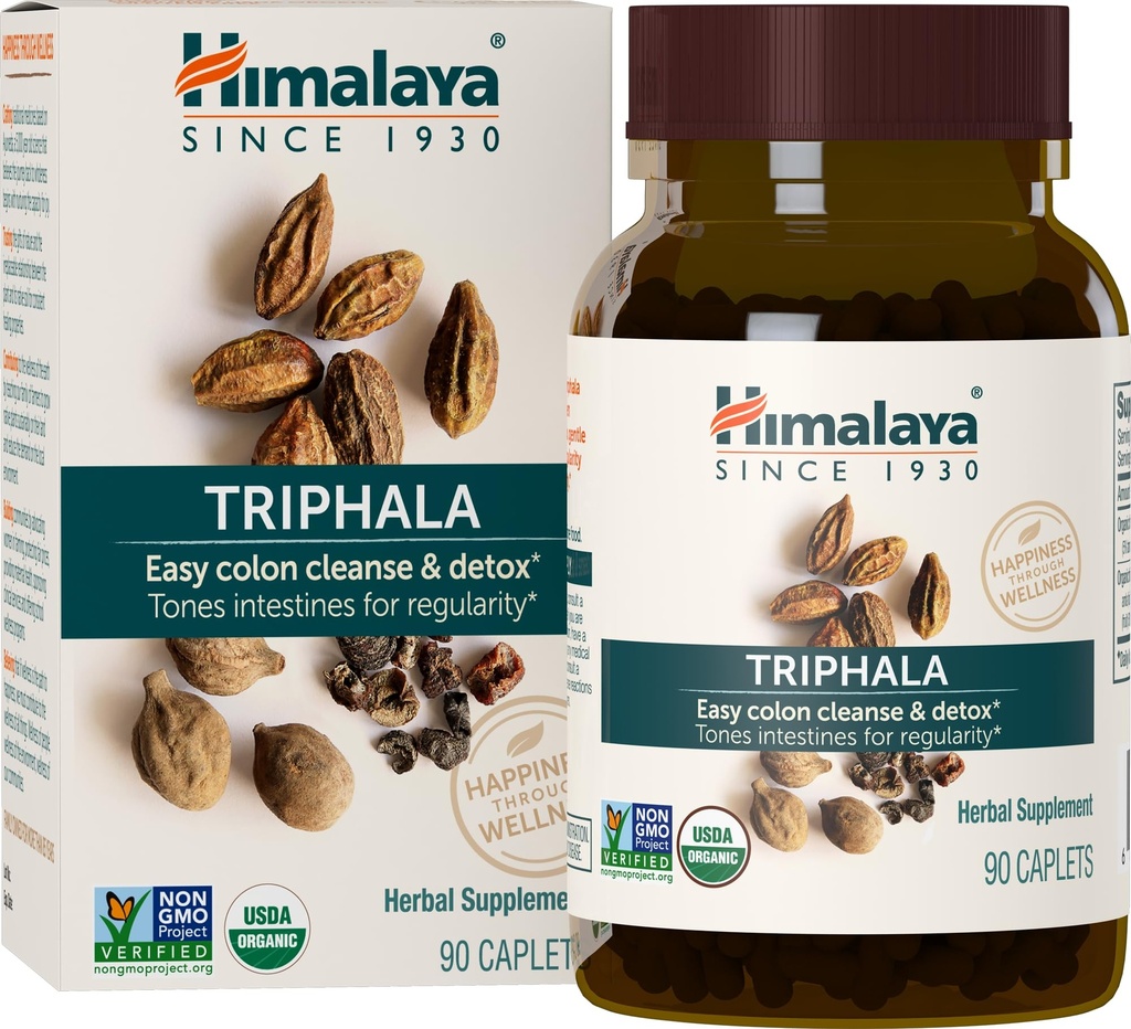 Himalaya Organic Triphala, fornecimento de 90 dias - Suplemento de saúde digestiva para limpeza de cólon & Ocasional Bloating e alívio da constipação - USDA Organic, Vegan, Non-GMO, Gluten Free, 688 mg, 90 Caplets