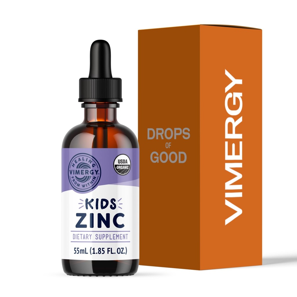 VIMERGY Kids USDA Liquid Zinc Sulfato Orgânico – para Crianças e Adolescência 1-18 anos de idade, suporte imunológico de absorção rápida* – Promove ossos saudáveis, cabelo e pele. Kosher, Vegan, Não-GMO – 55 mL