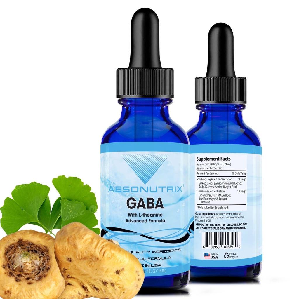Absonutrix GABA com L-Theanina 290 mg, 4 Oz Liquid, 300 Servings, Made in USA, Absorção Rápida, Ingredientes Potentes de Qualidade, Não-GMO, GMP Certified Facility, Cruelty-Free Products