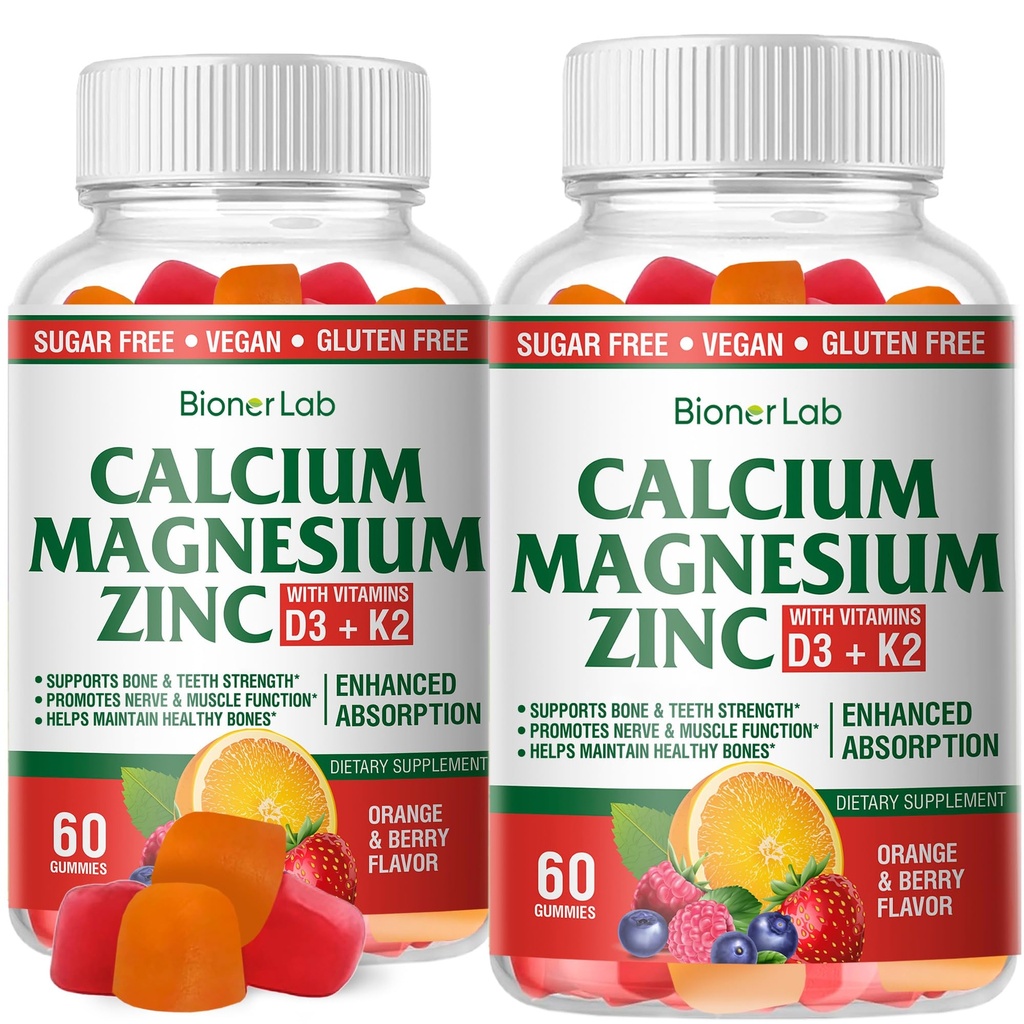 BionerLab Calcium Magnesium Zinc Gummies com vitamina D3 & K2 - Absorção reforçada de alta potência - Laranja e sabor de cereja