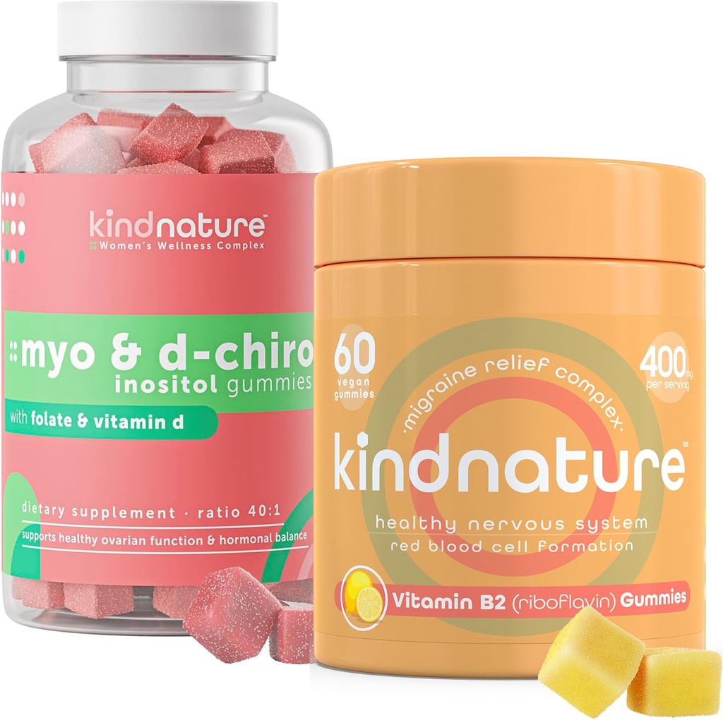 kindnature Myo-Inositol & Vitamina B2 Pacote de Bem-Estar - Equilíbrio Hormonal, Relief Migraine & Energy Support Gummies