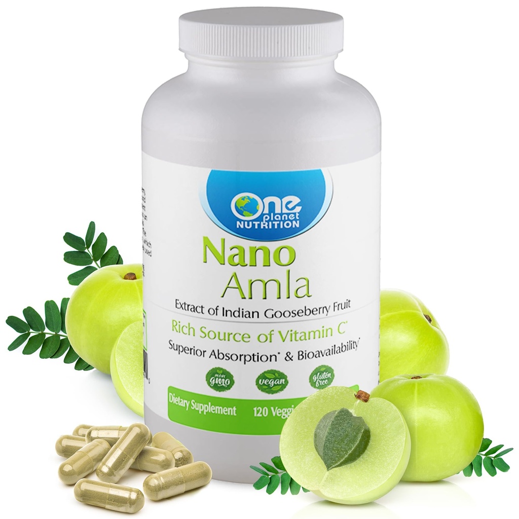 One Planet Nutrition Nano Amla 500 mg Cápsulas Veggie (120 Servings), Extrato de fruta de Amla, Alta em vitamina C para produção de colágeno e suporte imunológico, Não-GMO, Vegan, Sem glúten