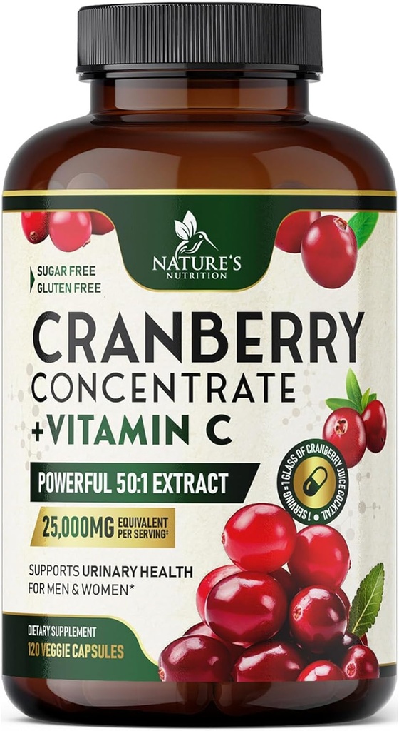 Pílulas de suplemento de cranberry 25,000mg - alta potência vitamina C Cranberry para mulheres e homens, Urinary Tract Health Support, Livre de açúcar, Gluten Free, Não-GMO, Extrato concentrado de cranberry - 120 cápsulas