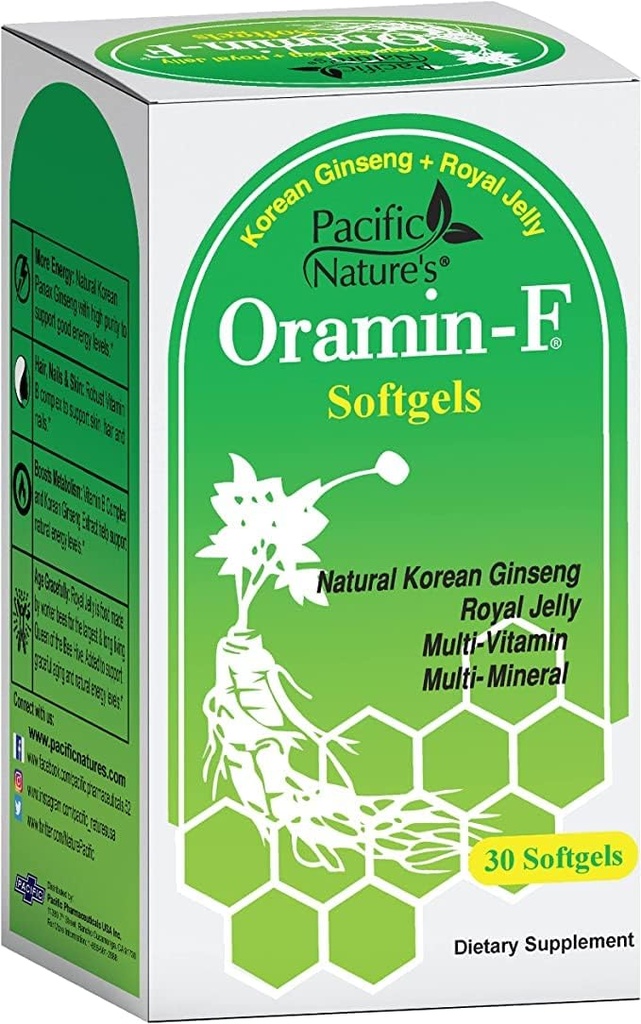 Oramin F da natureza do Pacífico (30 Softgels) com Ginseng coreano, geléia real, complexo de vitamina B e zinco para energia, imunidade e suporte nutricional