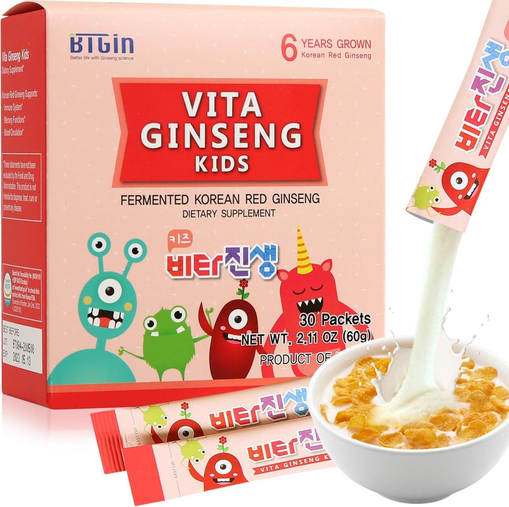 Vita Ginseng Kids, Vitamina D, Zinco, 7 Berries, Banana, 20 Legumes, Leite em pó para suporte imunológico, Foco e Memória Boost, 30 Packets (1Set)