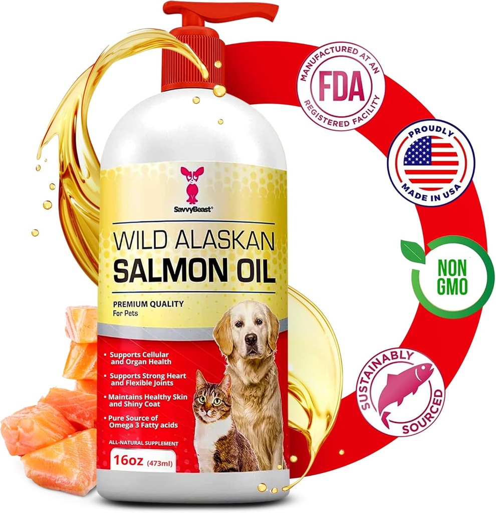 SavvyBeast Wild Alaskan Salmon Oil for Dogs, Cats & Ferrets – Omega-3 Fish Oil Pet Supplement with EPA & DHA – Suporta a pele, casaco, articulações, coração, cérebro, Itch Relief & Immune – Unscented – 16 onças