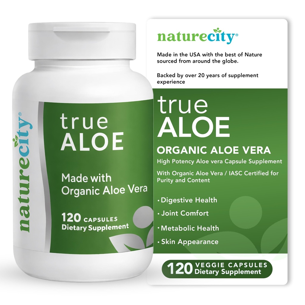 NatureCity True-Aloe Gut Health Support – 80,000mg Aloe Vera Gel Equivalente Por Serviço – Orgânico Aloe Vera (120 cápsulas) para Digestivo, Pele e Apoio Conjunto