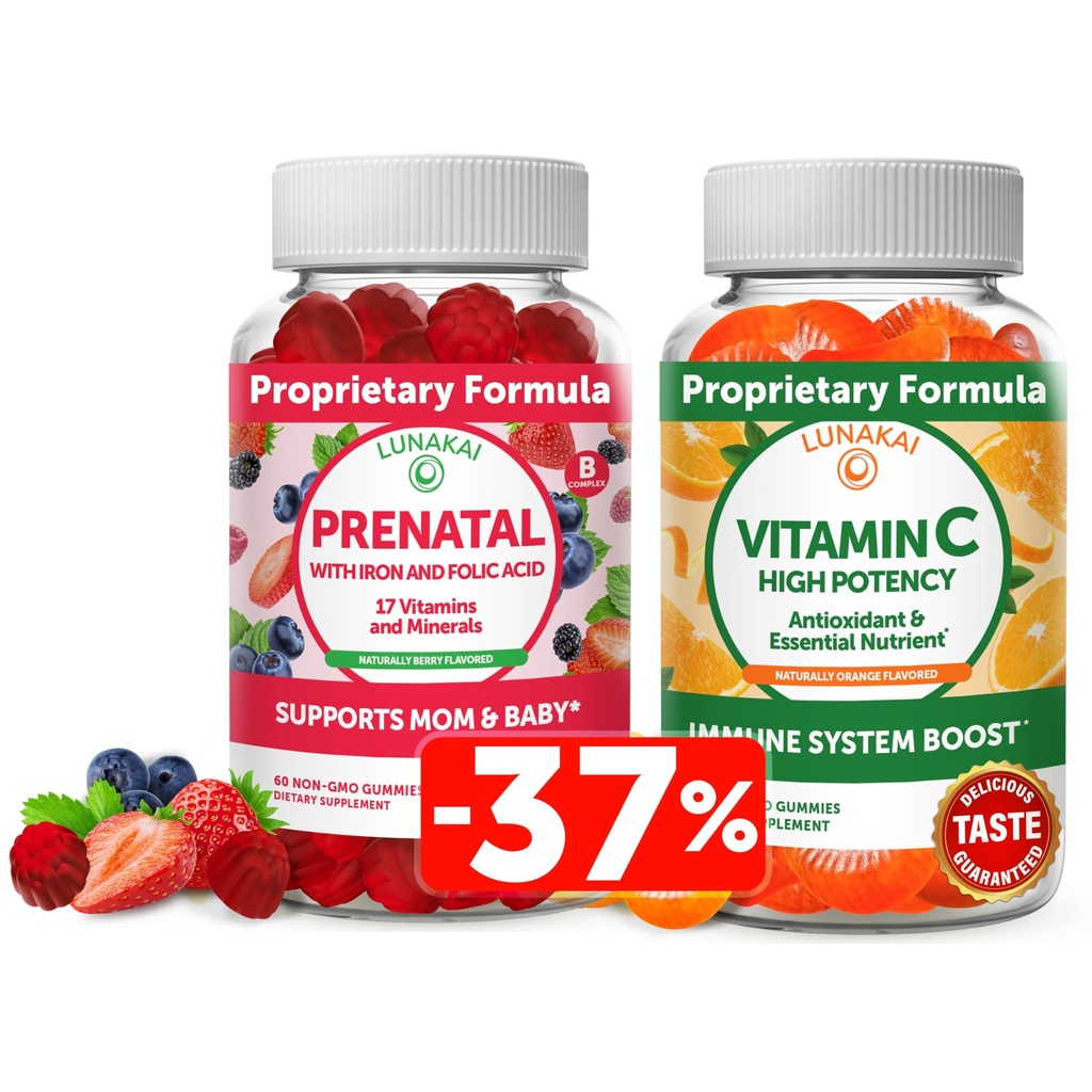 Pacote de pastilhas de pré-natal e vitamina C Lunakai - Suplemento de multivitamina de gravidez com ferro e ácido fólico - 300mg Orgânico, Não-GMO, Vegan Mastigable Gummy - 30 dias de fornecimento