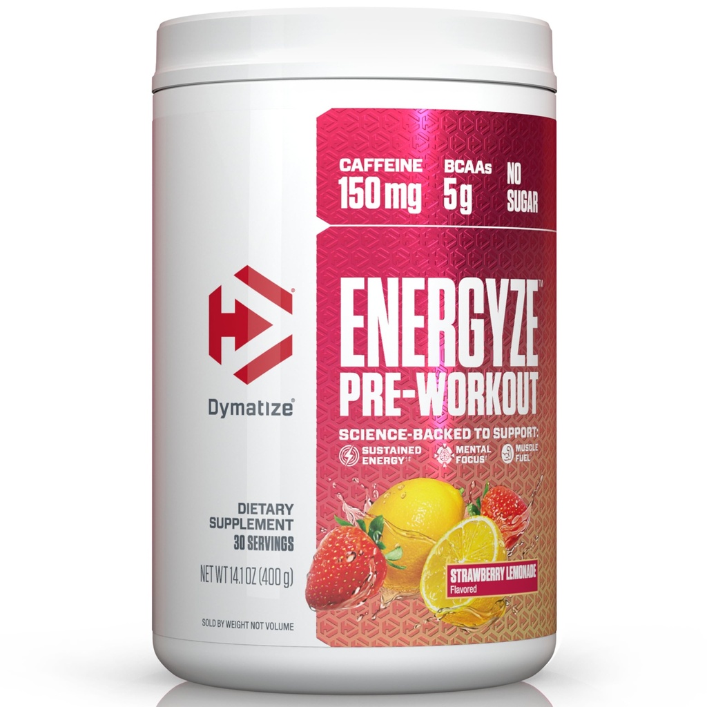 Dymatize Energyze Pré-treino em pó para homens e mulheres, Morango Limonada, 150mg Cafeína, 5g BCAAs, Mistura de desempenho de L-Teanina, L-Tirosina, L-Citrulina, Sem Açúcar (30 Servões)