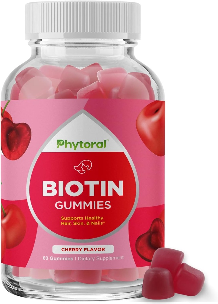 Fitoral Biotin Gummies para o crescimento do cabelo e unhas - chicletes de biotina para cuidados com o cabelo Cuidados de pele jovem e unhas - 5000mcg por unhas de pele servindo Vitaminas beleza adulta