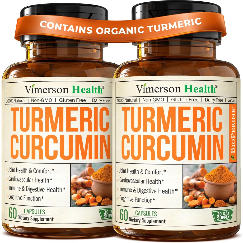 Suplemento de Curcumina Turmérica com Extrato de Pimenta Preta - Alta Potencia Turmérica Orgânica 1200mg & 95% Curcuminóides para Saúde Conjunta & Digestiva - Suplemento de Suporte Conjunto - 60 Cápsulas de Curcuma - 2 Pack