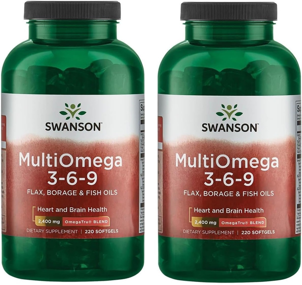 Swanson MultiOmega 3-6-9 - Não-GMO Flax, Borage & Fish Oil Cápsulas - Ácidos Gordura Essenciais Suportando Saúde Cardiovascular & Saúde do Cérebro - (220 Softgels, 2400mg Servindo) 2 Garrafas