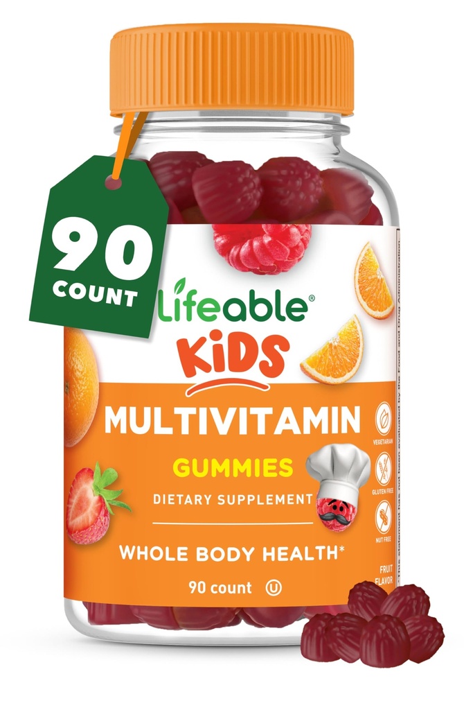 Gummies multivitamínicos para crianças com vitaminas A, C, D, E, B6, B12, Zinco, Biotina, Ácido Fólico, Iodo, Niacina, Niacina