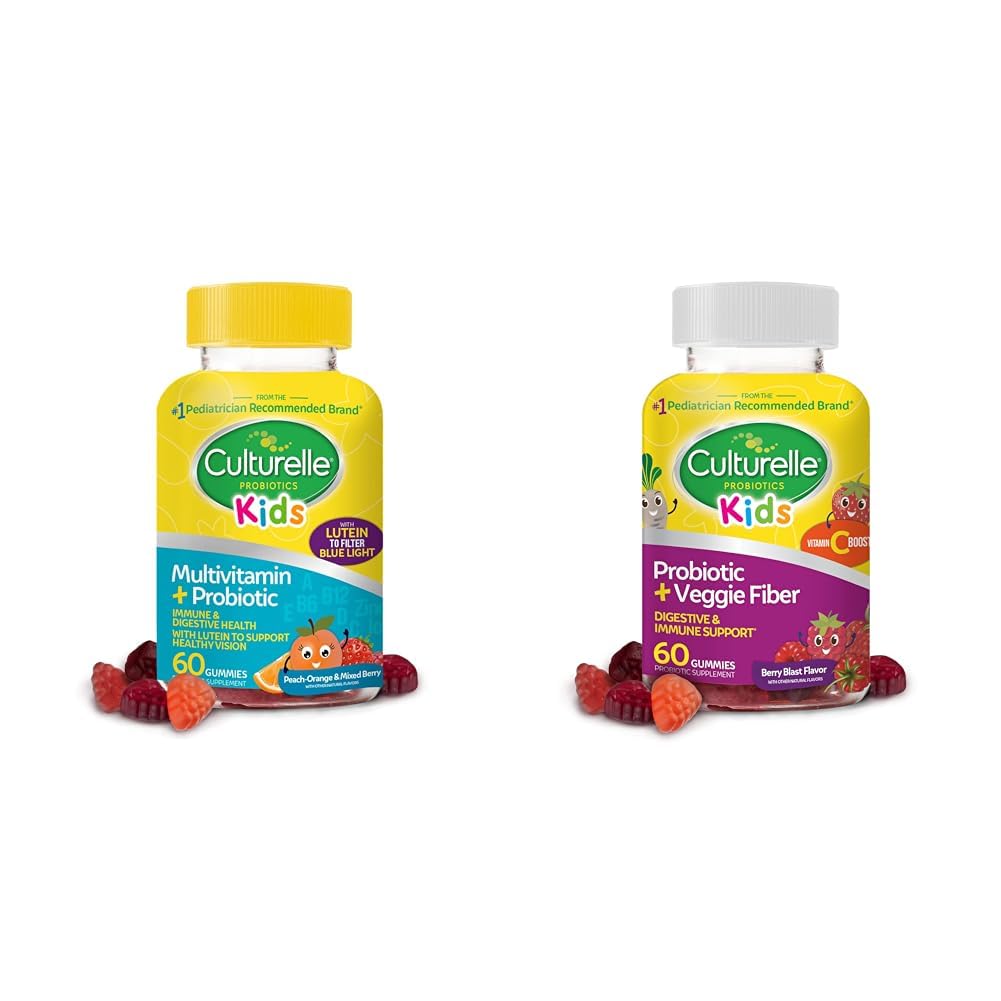 Culturelle Kids Pastilhas Probióticas para Idades 2+ - Pêssego-laranja & Frutos de Berry mistos e Probiótico diário para Crianças + Pastilhas de Fibra Veggie (Ages 3+) - 60 Contagem - Digestivo