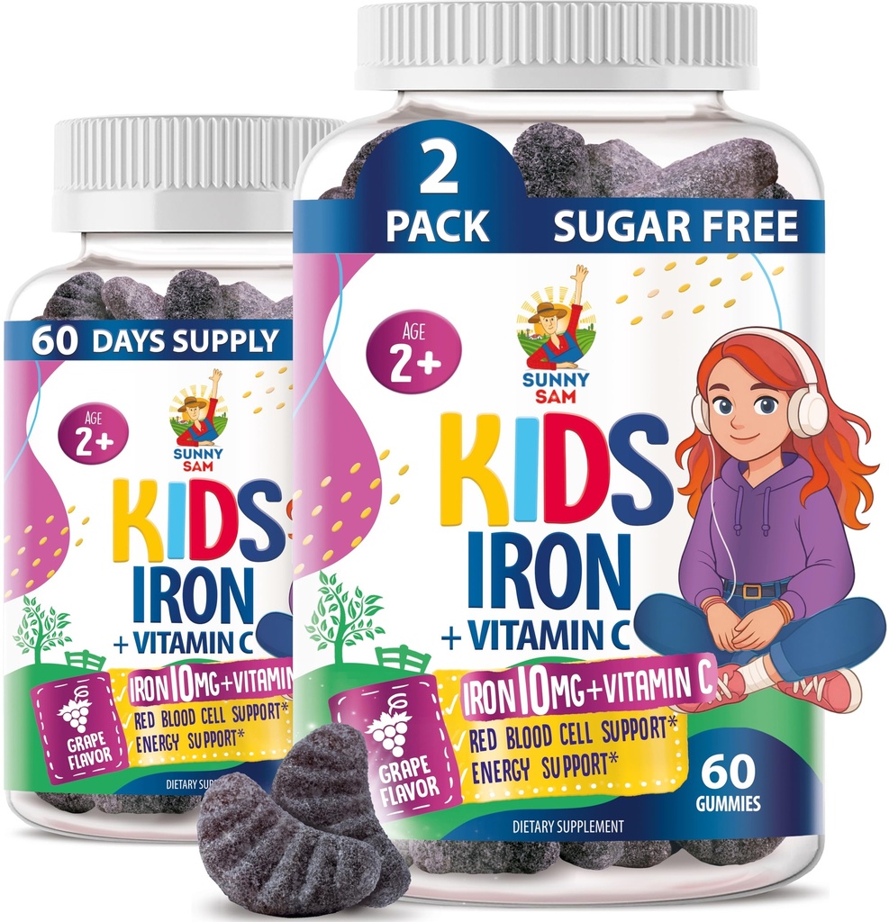 Sunny SAM Pastilhas de Ferro para Crianças e Adolescentes - 10mg Vitaminas com Vitamina C - Baixo açúcar chiclete de ferro mastigável para o suporte imunológico, Suporta Produção de Células de Sangue Vermelho para Crianças e Adolescentes
