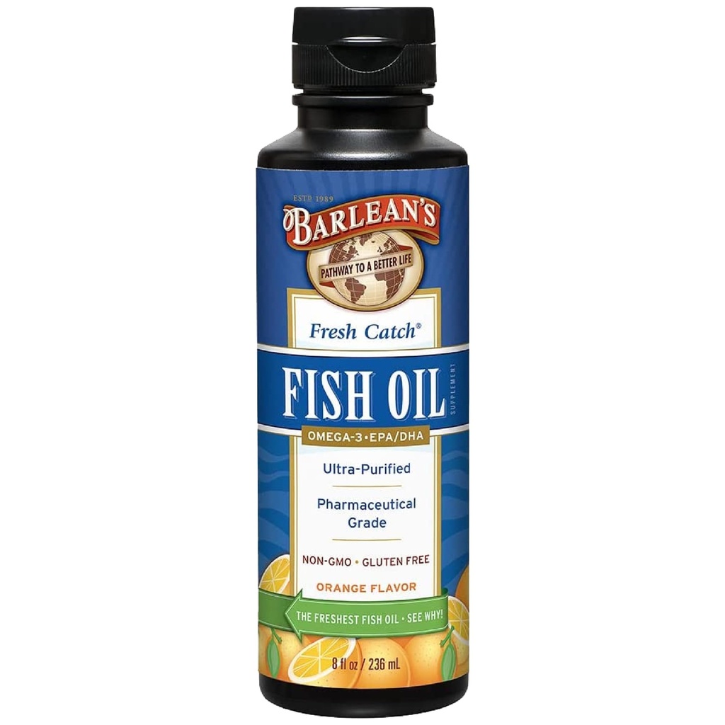 Barlean's Omega 3 suplemento líquido de óleo de peixe, 1262mg EPA e DHA ácidos gordos, não-GMO e sem glúten, sabor laranja, 8 onças