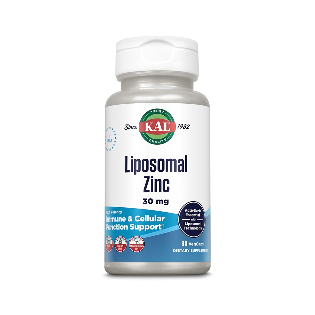 KAL Zinco lipossomal 30mg, Função celular e Imune Suporte Suplemento, Suplementos de zinco de absorção melhorada, Vegan, Gluten Free, Soy Free, 30 Servings, 30 VegCaps