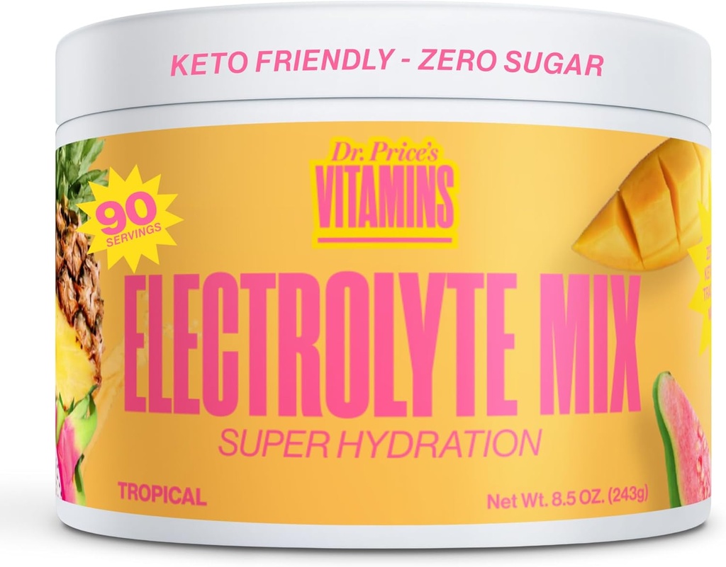 Dr. Price's Electrolyte Mix – Pó de hidratação sem açúcar com 72+ Trace Minerals □ Sem açúcar, Eletrolíticos de dissolução rápida Empacotes de Pó □ Tropical, 90 Servings