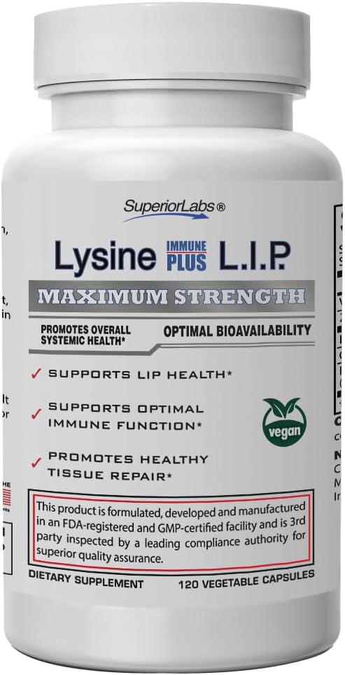 Labs Superior Lysine Imune Plus Lip, Clinicamente comprovada Lip Health & Support, L-Lysine Bound to HCI para Estabilidade Optimal & Absorção para Resultados Rápidos, Bioativo com Aditivos Zero Nocivo