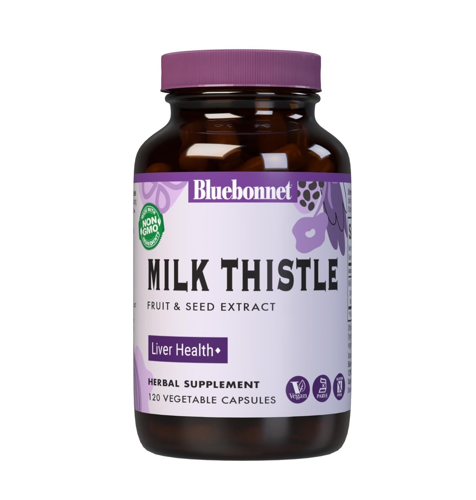 BlueBonnet Nutrition Milk Thistle Fruit & Seed Extract, Saúde do Fígado*, Não-GMO, Vegan, Kosher Certified, Gluten-Free, Soy-Free, 120 Cápsulas Vegetais, 120 Servings