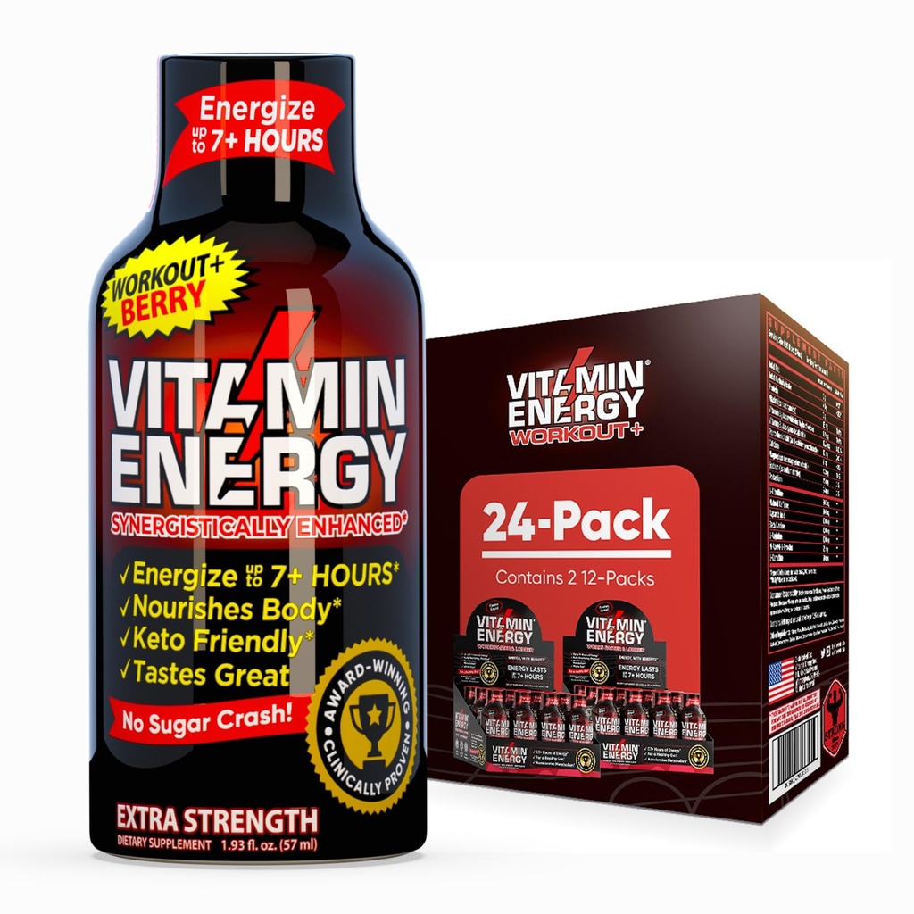 Vitamina Energia Treino+ Força extra Energia Shot Berry 24 Pack, 260mg Cafeína natural, Pré-treino, B-Vitaminas, Minerais, Endurance & Performance, Zero Açúcar, Gluten-Free, Vegan, 1,93 fl oz