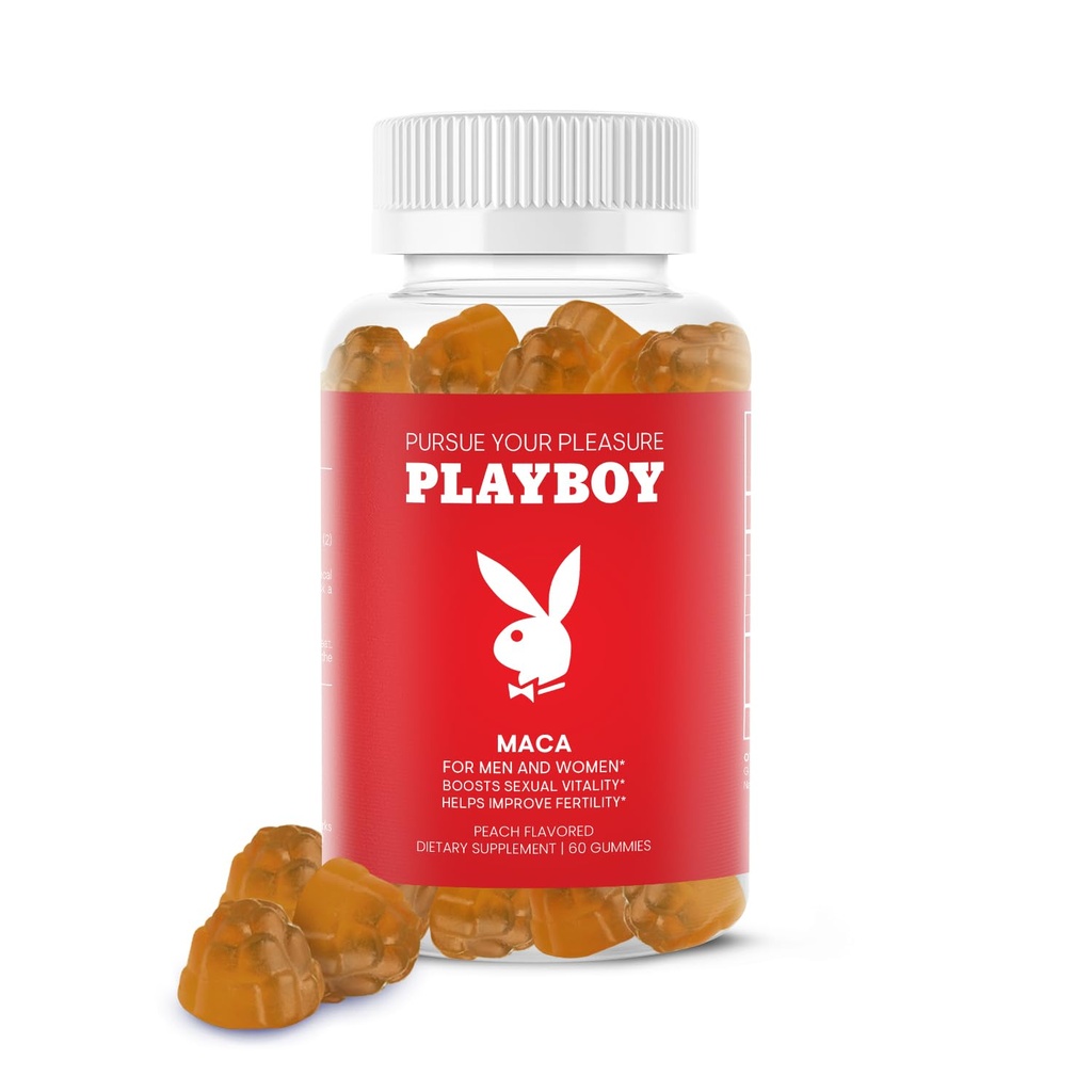 Playboy - Maca Root Gummies para mulheres e homens (60 Conde - Peach Flavored) - Aumentar a Vitalidade Sexual, Libido, Fertilidade - Maca Gummies Suplemento - 100% Natural, Vegan Non GMO - 4:1 Extrair Maca Peruana