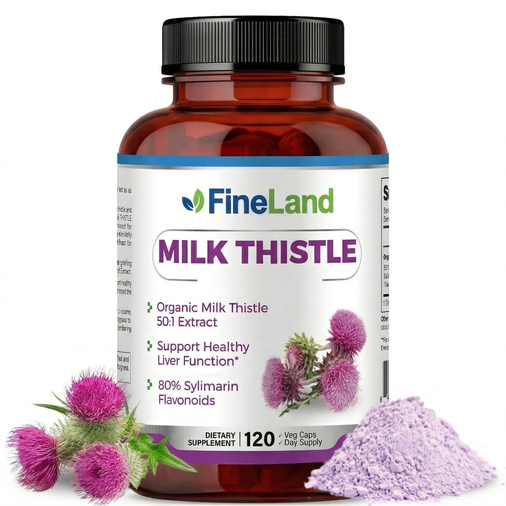 FineLand Milk Thistle Pills 50:1 Extract – 120 Cápsulas Vegan - 20.000 mg Strenght com 80% Silymarin Flavonoids – Liver & Antioxidant Support - 50X concentrado extrato de sementes - Não-GMO, Made in USA